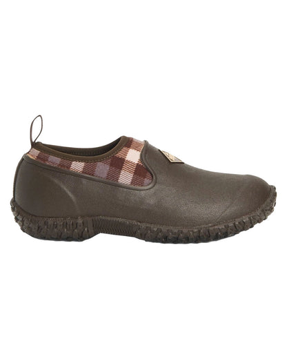 Brown Plaid Print coloured Muck Boots Womens RHS Muckster II Low Shoes on White background #colour_brown-plaid-print