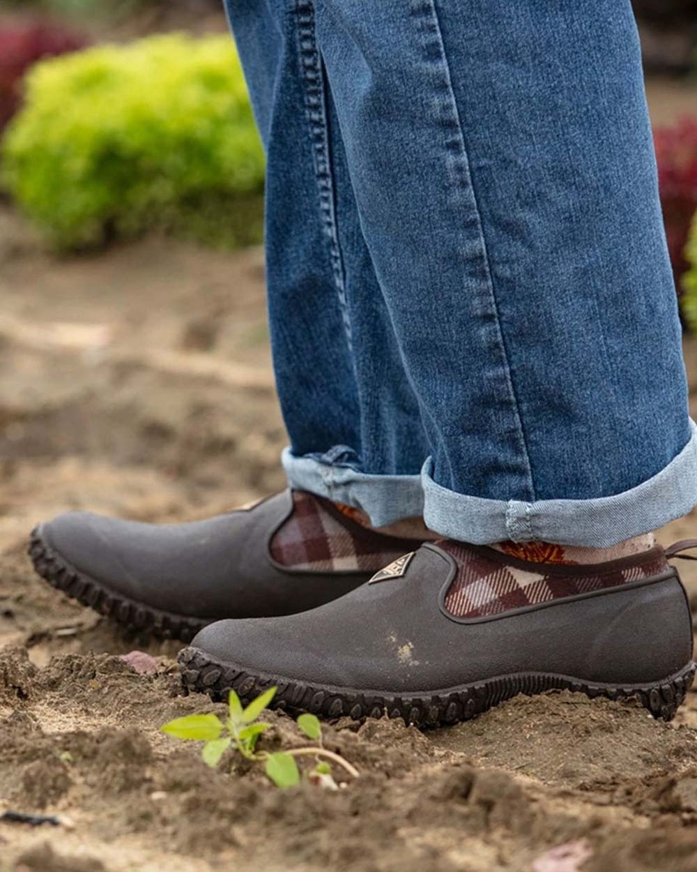 Brown Plaid Print coloured Muck Boots Womens RHS Muckster II Low Shoes on Mucky background #colour_brown-plaid-print