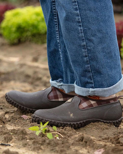 Brown Plaid Print coloured Muck Boots Womens RHS Muckster II Low Shoes on Mucky background #colour_brown-plaid-print