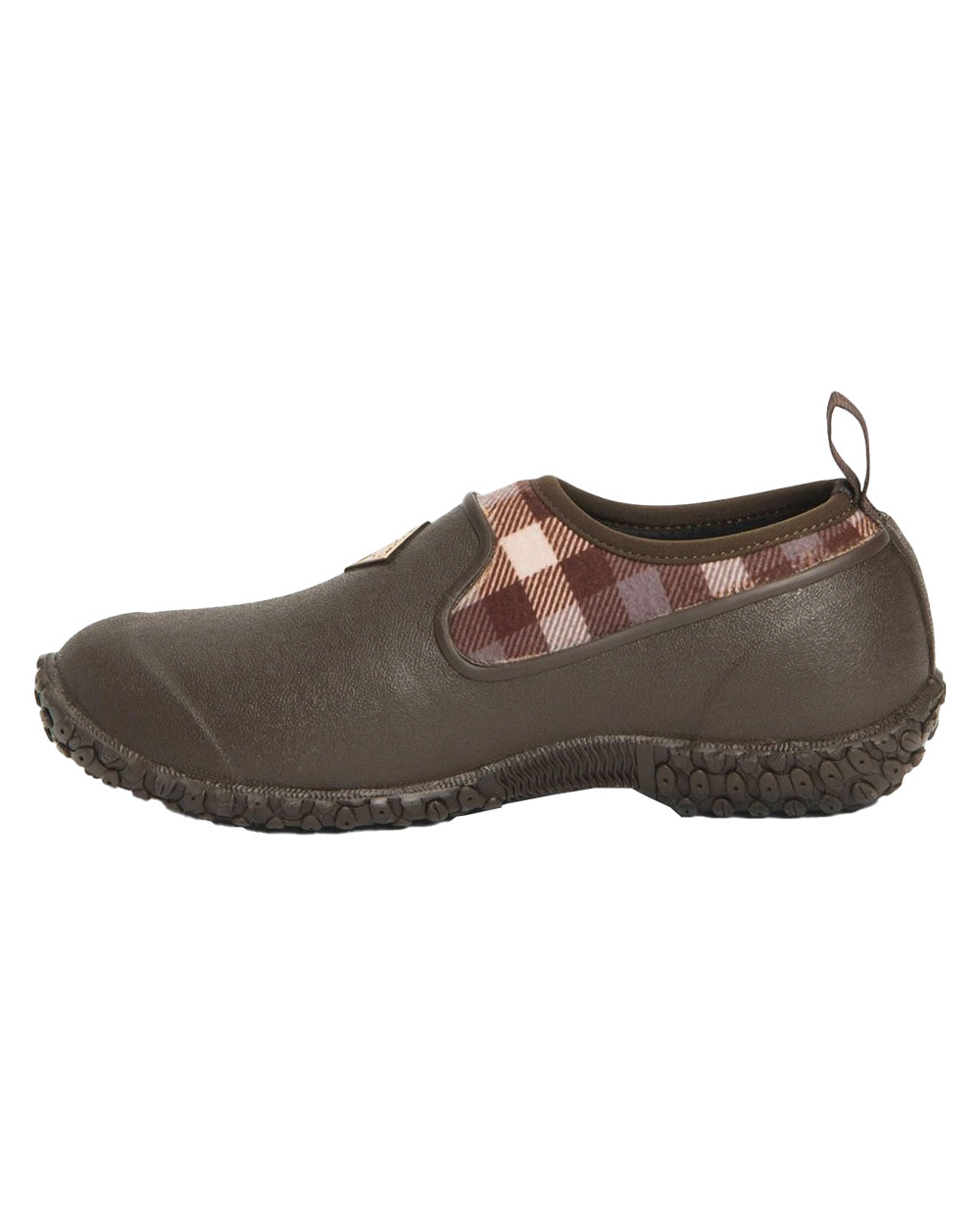 Brown Plaid Print coloured Muck Boots Womens RHS Muckster II Low Shoes on White background #colour_brown-plaid-print