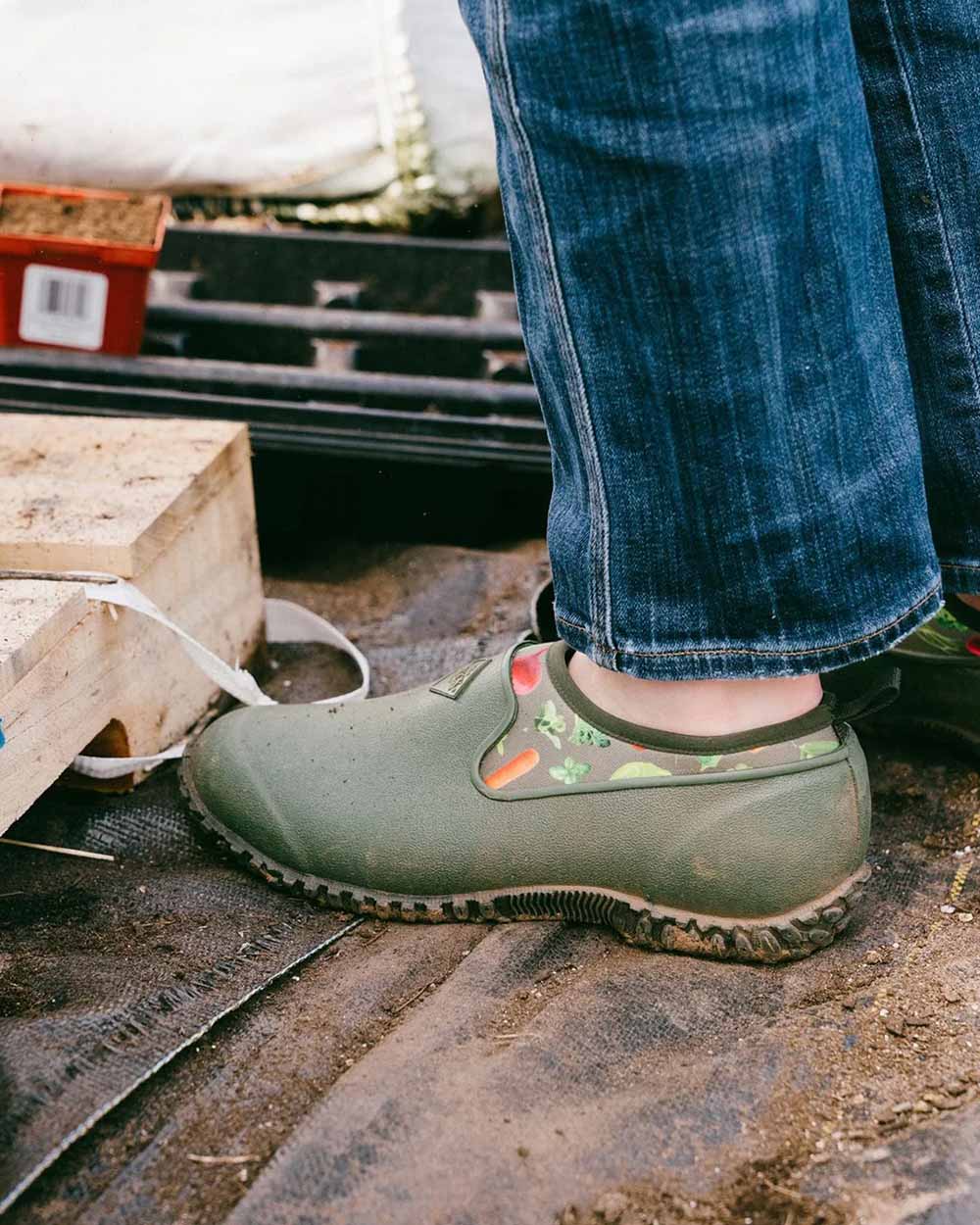 Green Veggie Print coloured Muck Boots Womens RHS Muckster II Low Shoes on Garden background #colour_veggie-print