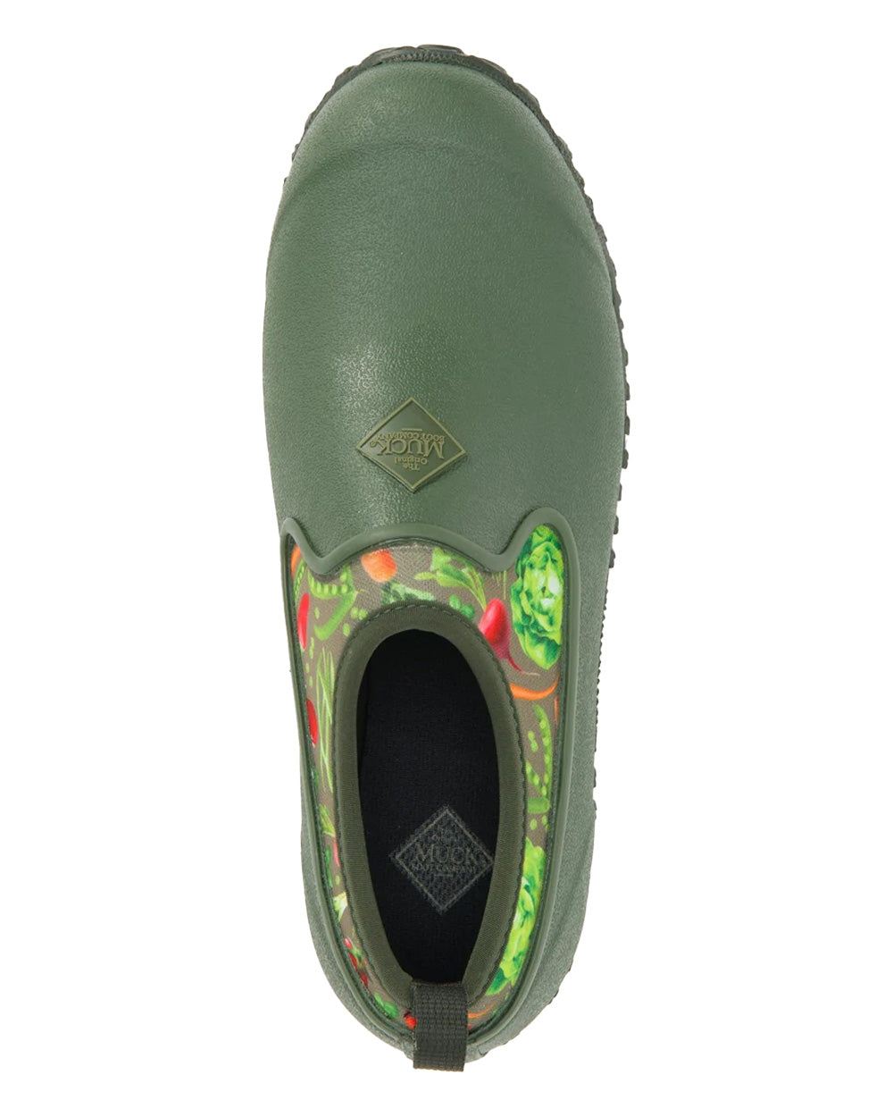 Green Veggie Print coloured Muck Boots Womens RHS Muckster II Low Shoes on White background #colour_veggie-print