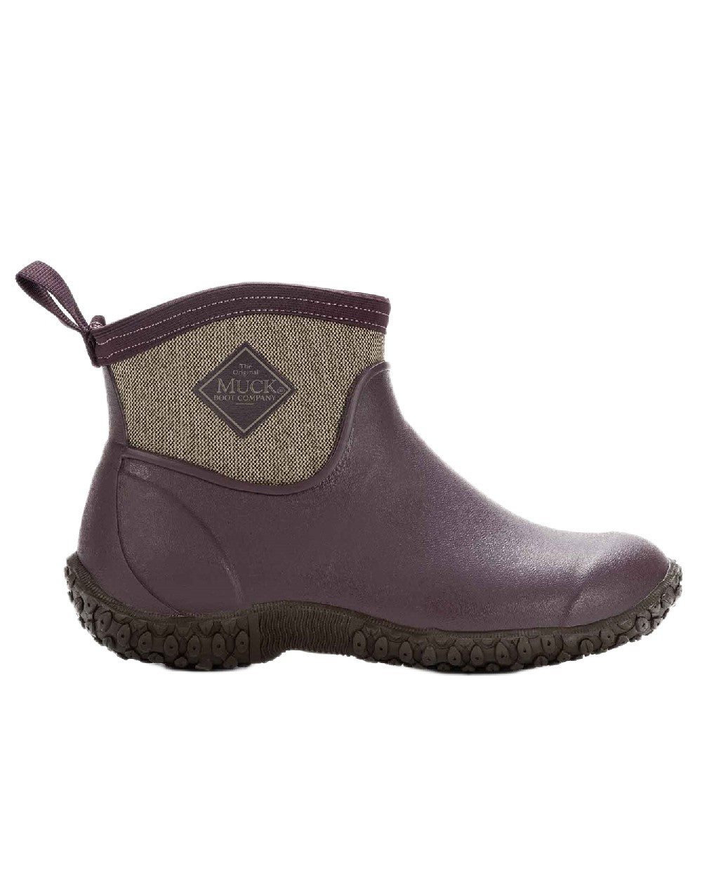 Wine Herringbone Print Coloured Muck Boots Women's RHS Muckster II Ankle Boots on White Background
#colour_wine-herringbone-print