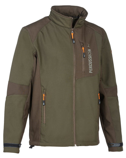Green Brown coloured Percussion Softshell Waterproof Jacket on white background #colour_green-brown