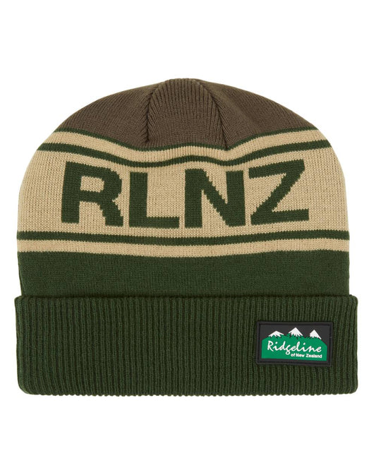 Olive Multi Coloured Ridgeline RLNZ Knitted Beanie On A White Background #colour_olive-multi