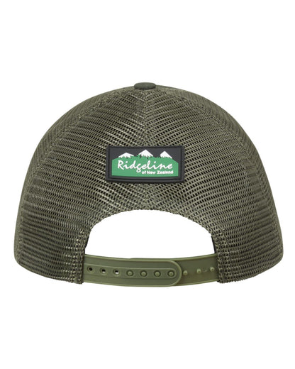 Olive Coloured Ridgeline RLNZ Trucker Cap On A White Background #colour_olive