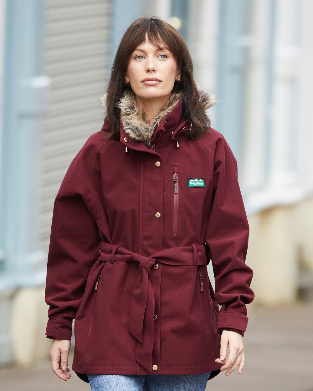 Winter Berry Coloured Ridgeline Womens Monsoon Nordic Jacket On A Street Background #colour_winter-berry