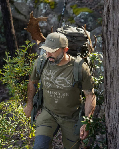 Olive Coloured Swazi Mens Hunter For Life T-Shirt On A Forest Background #colour_olive